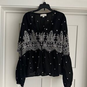 Chic Black Blouse with White Embroidery